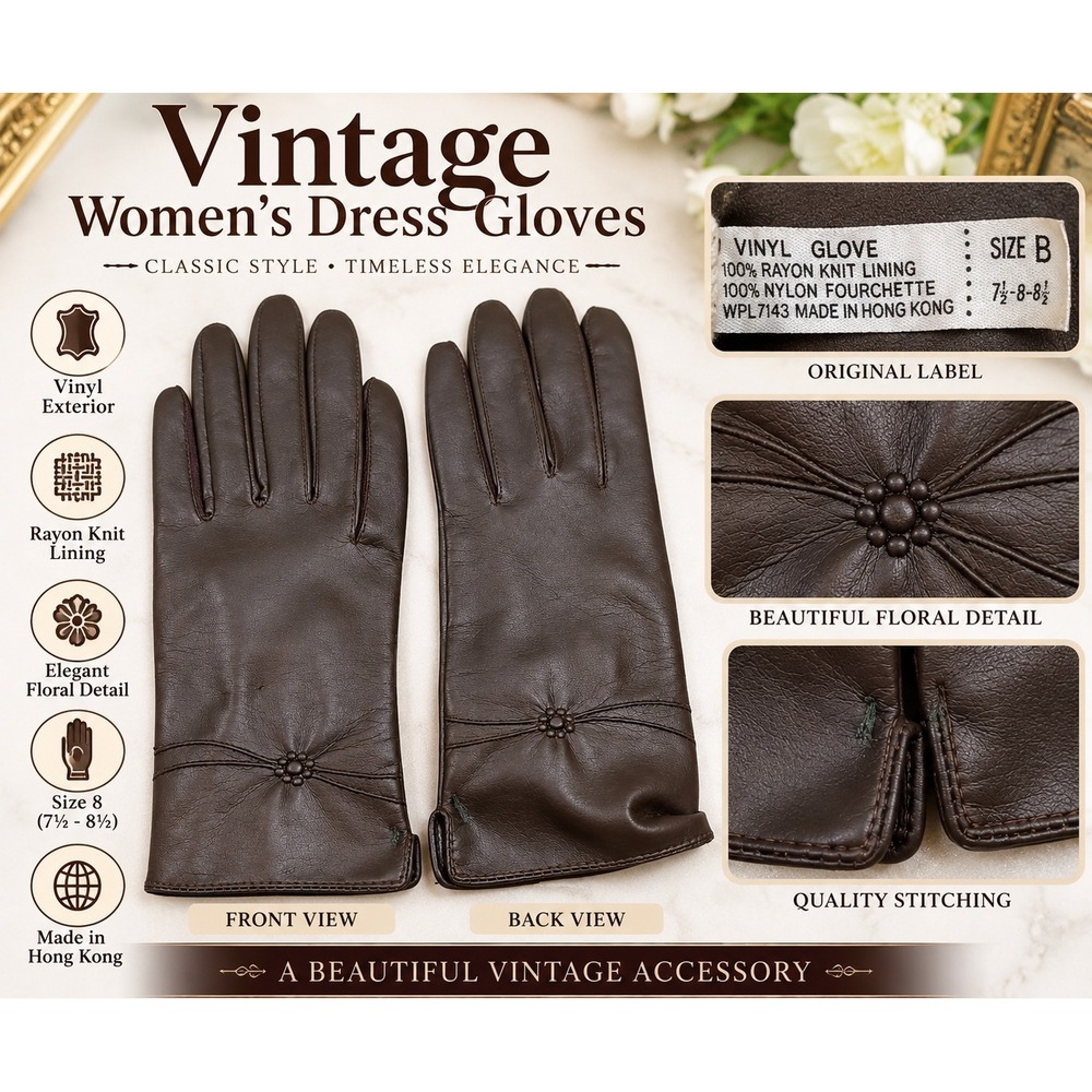 Vintage Brown Vinyl Dress Gloves Floral Embroidery Rayon Lining Size 8 Hong Kong